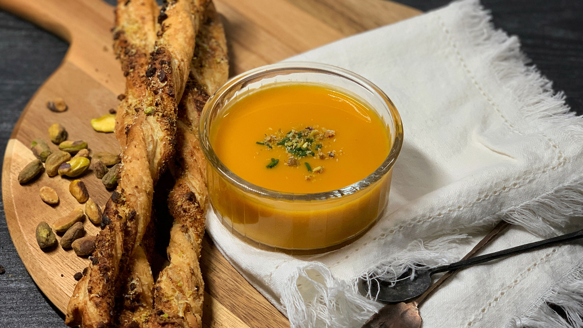 Smoky Pumpkin Soup with Pistachio Twists 