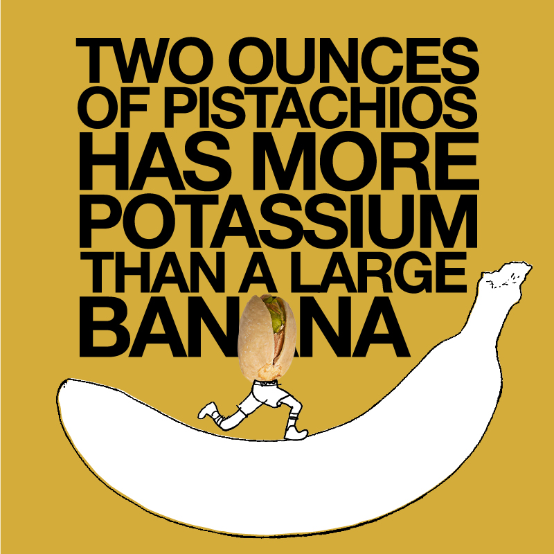 Two ounces of pistachios has more potassium than a large banana.