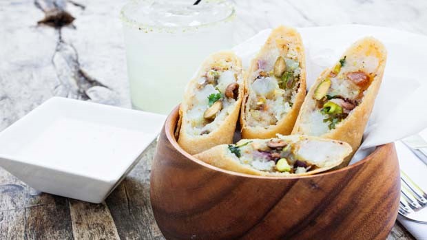 Flautas with Creamy Pistachio Filling, Applewood Bacon and Chipotle Buttermilk 