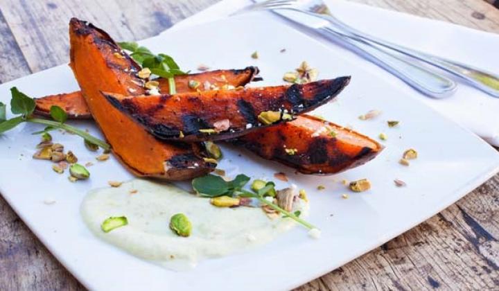 BBQ Potatoes with Candied Spiced Pistachios, Pistachio Crema and Watercress