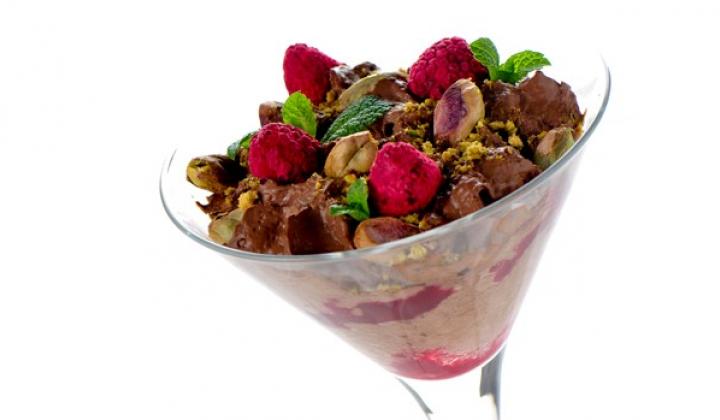 Chocolate Mousse with Pistachio Brittle and Raspberries 