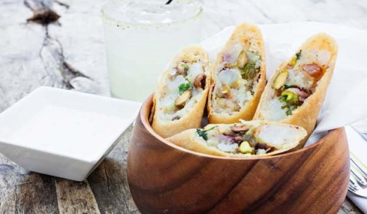 Flautas with Creamy Pistachio Filling, Applewood Bacon and Chipotle Buttermilk 