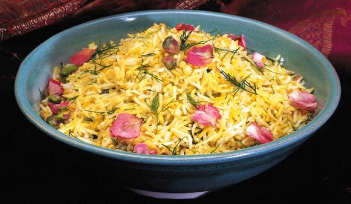 Pistachio Rice with Dill and Rose Petals 