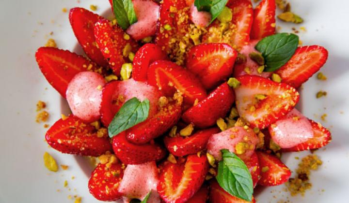 Pistachio Yogurt Panna Cotta with Watsonville Strawberries