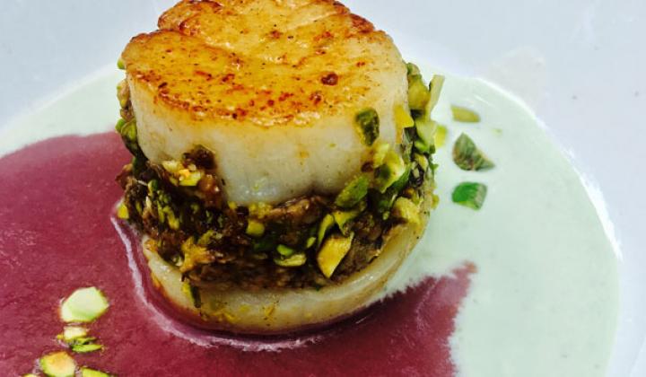 Sea Scallop – Pistachio Crust with Wild Mushroom - Red Wine Fumet