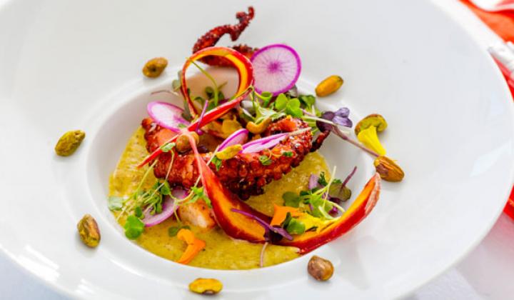 Spanish Octopus with Gazpacho, Pistachio, Chili, Finger Lime and Mixed Herbs